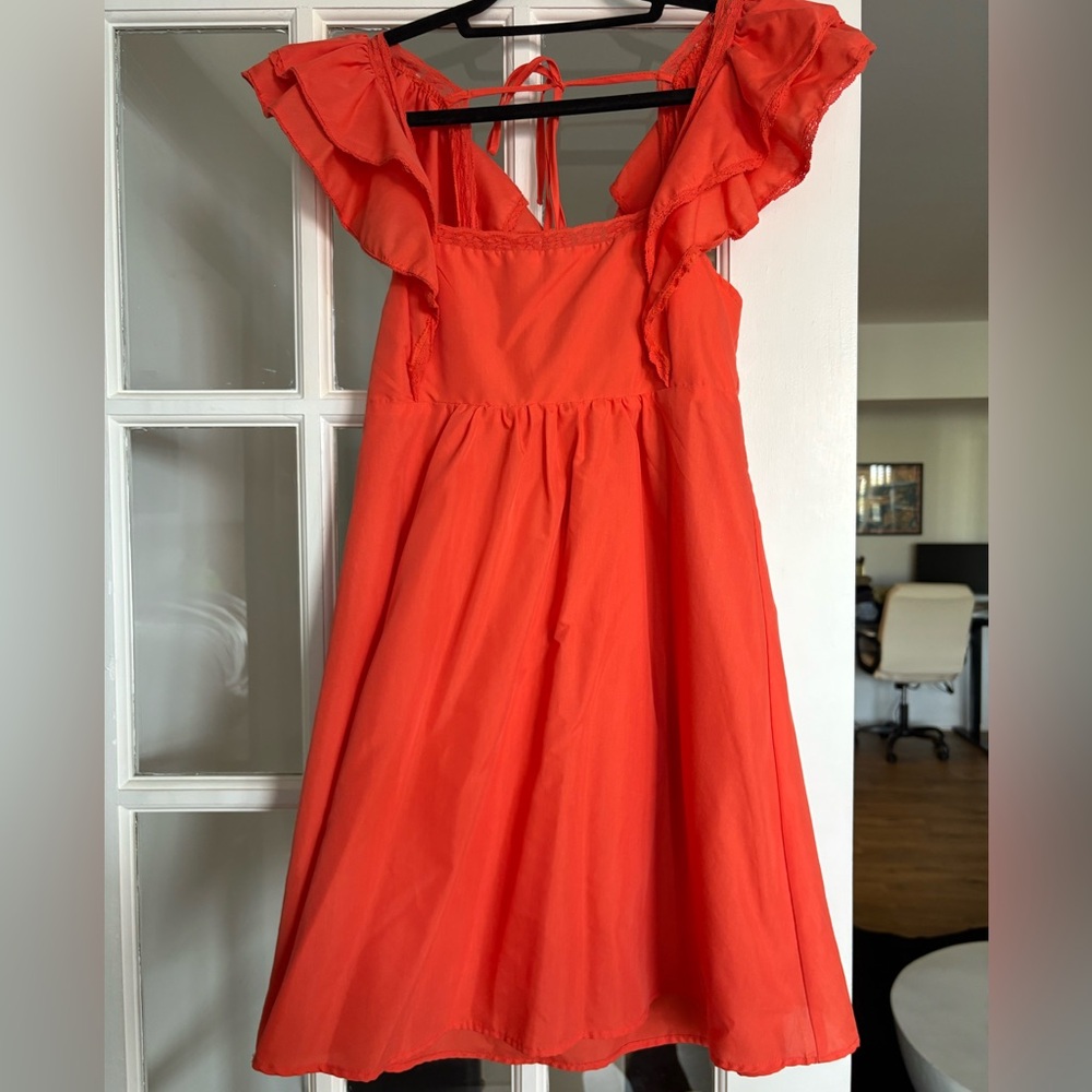 Lulu's Bright Coral Ruffle-Shoulder Mini Dress
